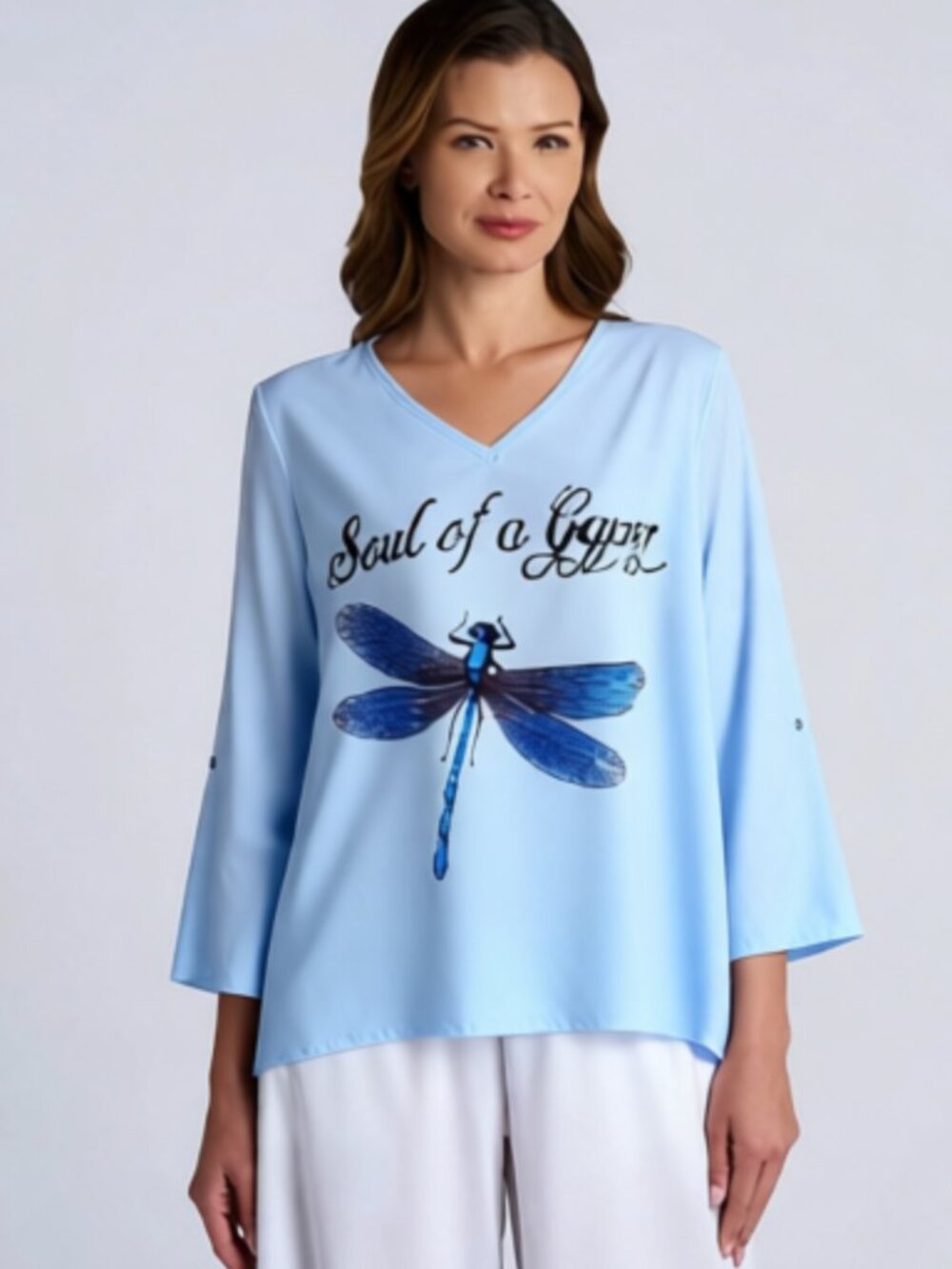 J. C Fashion Womens Top Blouse Long Sleeves Blue Dragonfly Print Size 2XL